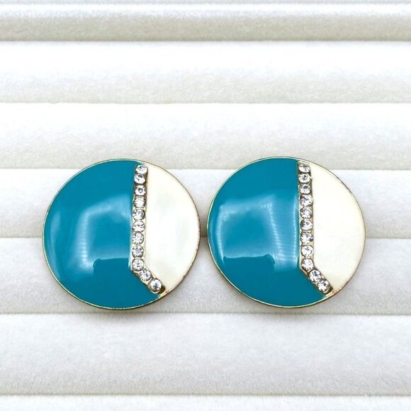 Yellow Gold with Teal and White Enamel and White Diamond Crystal Post Earrings - Picture 3 of 8